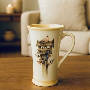 Vintage Marjolein Bastin Birdhouse Mug Coffee Latte Tall Tea Signed Birds Cup